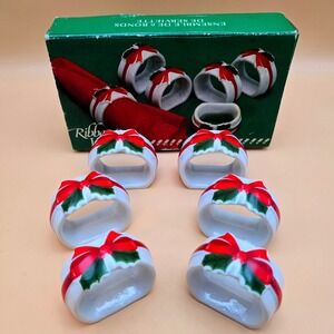 Vintage Mount Clemens Pottery Ribbon & Holly Ceramic Napkin Rings Set of 6 Japan